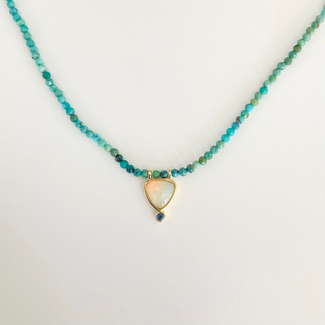 Necklace YOKO - 18K gold pendant Opal & Blue Sapphire Natural Turquoises Pearls