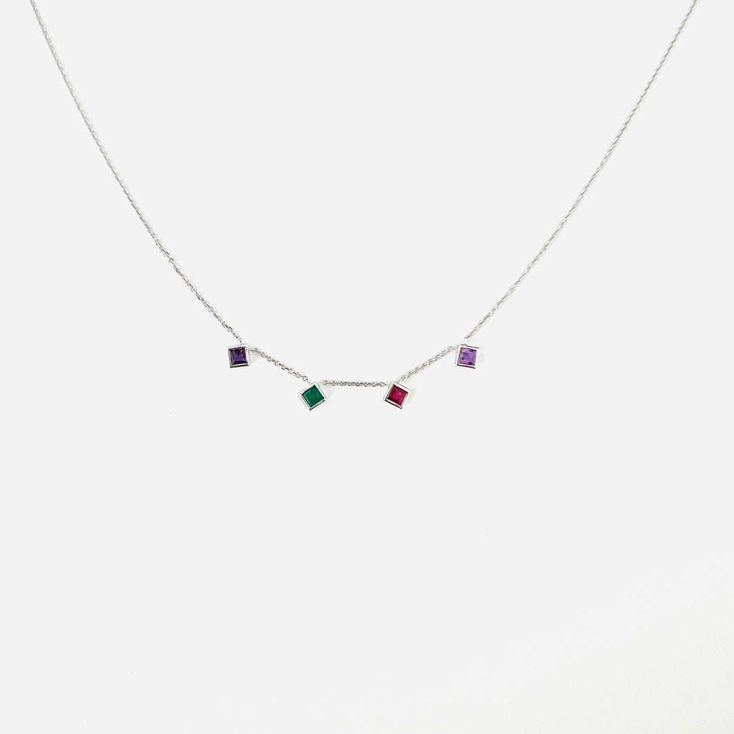 Necklace NINA Chain & Princess Amethyst, Ruby & Emerald 18 carats Gold